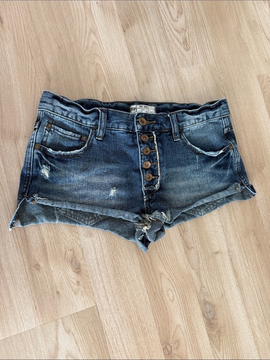 Free People Pants - Free People Dark Blue Distressed Button-Front Denim Shorts